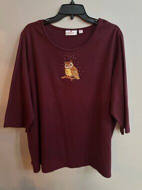 Quacker Factory Autumn Fall Owl Rhinestone Embroidered 3/4 Sleeve Top 2X